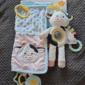 Magic Kids Toys Cow Blanket and Rattle Set - Blue, Pink, Yellow
